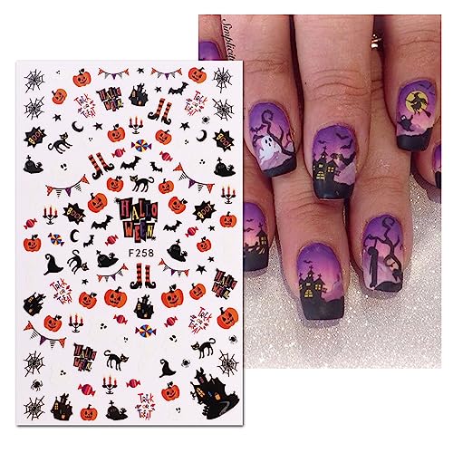 JMEOWIO 10 Sheets Halloween Nail Art Stickers Decals Self-Adhesive Pegatinas Uñas Ghost Skull Bat Horror Nail Supplies Nail Art Design Decoration Accessories