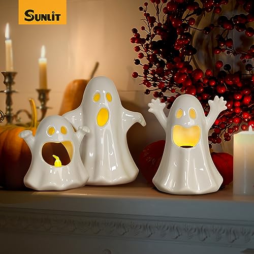 Sunlit Ceramic Ghost with 3 Tea Lights, Spooky Candle Holder Set of 3, Tabletop Indoor Halloween Decorations for Holiday Party Home, White