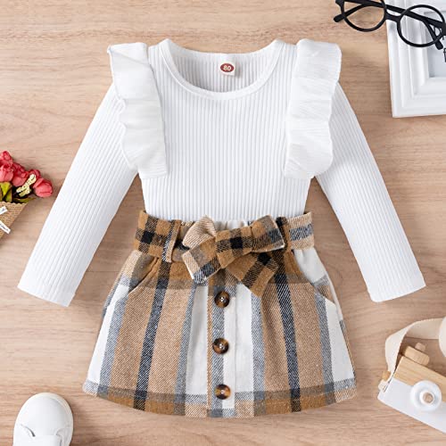 Toddler Baby Girl Skirt Outfit Long Sleeve Ruffle Shirt Top Mini Skirt Set 2Pcs Kids Little Girl Clothes Fall Winter (White,2-3 Years)