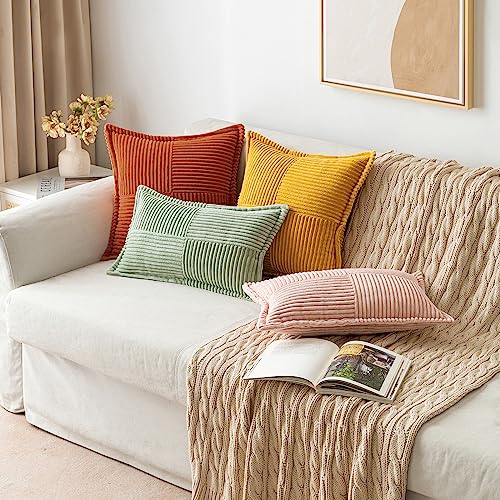 MIULEE Fall Rust Pillow Covers 18x18 Inch with Splicing Set of 2 Super Soft Boho Striped Corduroy Pillow Covers Broadside Decorative Textured Throw Pillows for Couch Cushion Livingroom