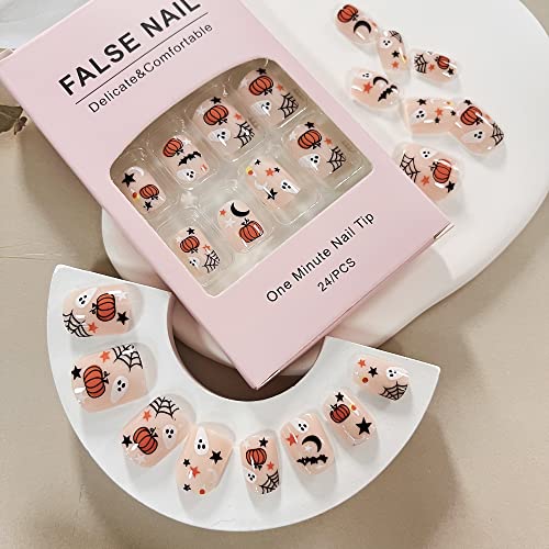 Halloween Fake Nails Short Square Cute Ghost Press on Nails Full Cover Stick on Nails with Pumpkin Moon Star Design False Nails Fall Thanksgiving Glossy Artificial Nails Acrylic Nails for Women Girls