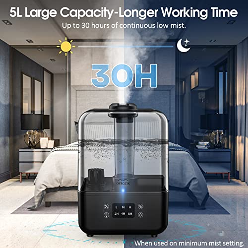 Humidifiers for Bedroom, Ultrasonic 5L Top Fill Humidifiers for Large Room Baby Home with 360° Rotation Nozzle, 3 Mist Levels, Auto Shut-Off, Timer, Essential Oil Diffuser, 30H Work Time, Super Quiet