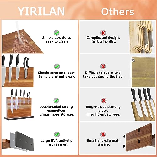 Yirilan Magnetic Knife Block, Double Sided Magnetic Knife Holder, Acacia Wood Home Kitchen Magnetic Knife Stand - Large size