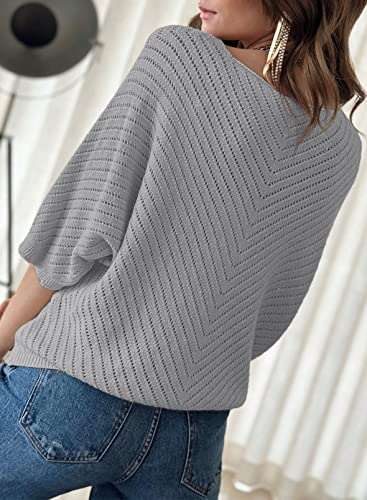 Dokotoo Womens Plus Size 3/4 Sleeve V Neck Loose Pullover Knit Sweaters for Women Fall Tunic Tops Jumper Knitted Casual Top Lightweight Summer Sweater 2023 Trendy Grey XX-Large