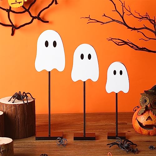 3 Pcs Halloween Standing Table Decor Wood Tiered Tray Table Decorations Ghost Cat Bat Candy Corn Table Centerpiece Tall Block Sign Set for Halloween Party Home (Ghost)