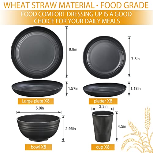 DUOLUV Plates and Bowls Sets for 8, 32-Piece Kitchen Dinnerware Set for 8 Tableware Wheat Straw Dinner Plates, Dessert Plates, Bowls and Cups, Dishes Set for Home Parties Camping - Black