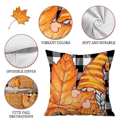 Hexagram Fall Pillow Covers 18x18, Fall Decorations Pumpkin Gnome Maple Leaves Buffalo Plaid Throw Pillow Covers Set of 4 for Couch Sofa Indoor Outdoor, Fall Pillows Autumn Thanksgiving Decorations