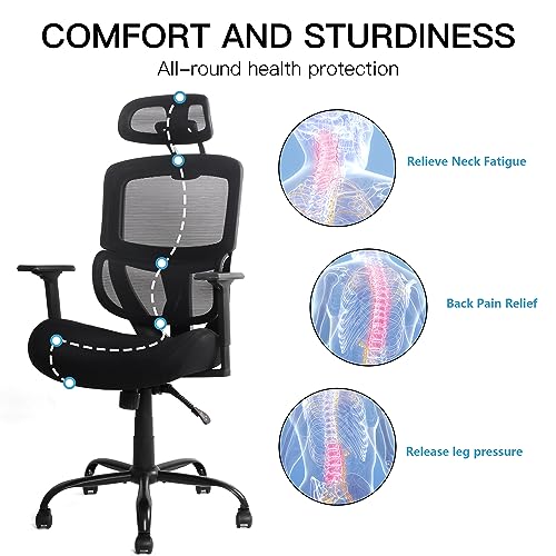 Mesh Office Chair, High Back Home Office Desk Chair with 3D Lumbar Support, Ergonomic Computer Chair with Adjustable Armrest & Headrest,Executive Swivel Task Chair (Black)