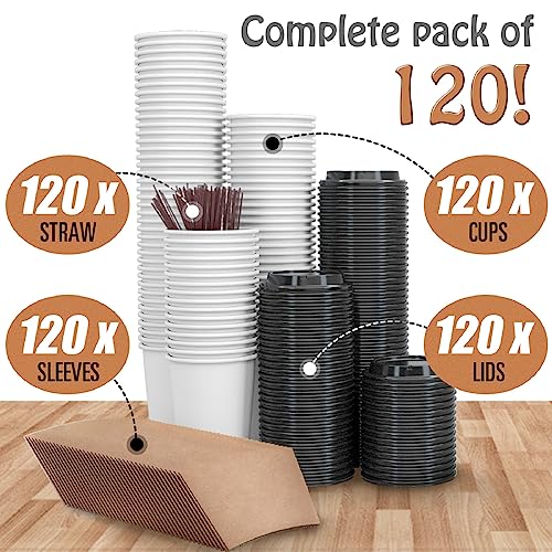 To Go Coffee Cups 12 oz Paper Coffee Cups,120 Pack Disposable Paper Coffee Cup with Lids,Sleeves,Straws,Hot/Cold Beverage Drinking Cup for Water,Juice,Coffee or Tea,Suitable for Home,Shops Cafes