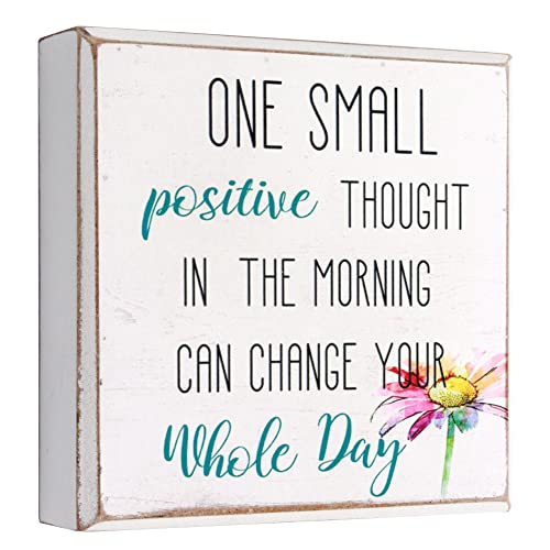 Wartter 6 Inch Decorative Wooden Box Sign - One Small Positive Thought In The Morning Can Change Your Whole Day