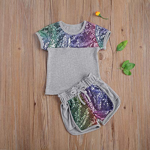 Nie Cuimeiwan Toddler Baby Girl Summer Clothes Sequins Pocket Top T-Shirts Shorts Set Mamas Little Cowgirl Outfit (Style-A Grey, 3-4T)