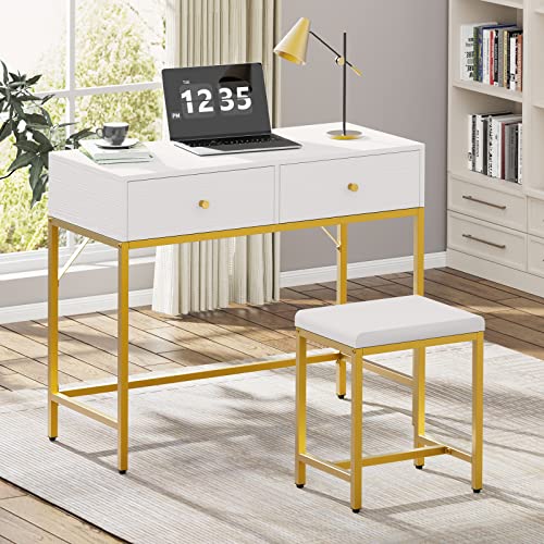 SUPERJARE 35.4" White and Gold Desk with 2 Drawers, Modern Makeup Vanity Desk with Padded Stool, Small Computer Desk Home Office Desk for Writing Study Bedroom