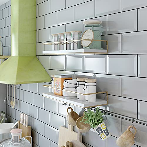 Shario White Floating Shelves - Set of 2, Wall Mounted Hanging Shelves with Golden Towel Rack, Decorative Storage Shelves for Bathroom, Kitchen, Living Room & Bedroom (White)