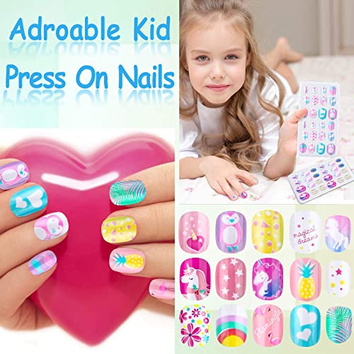 144 Pieces Press on Nails Grils, Thrilez Children Fake Artificial False Nail Tips Pre Glue Full Cover Short Acrylic Nails for Girls Kids Nail Art Decoration (Rainbow Sky)