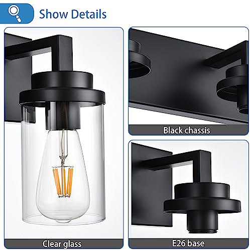 TULUCE 2-Light Vanity Lights, Black Wall Sconces Lighting with Clear Glass Shade Wall Lights for Mirror, Kitchen, Living Room, Gallery, Hallway, E26 Base Bathroom Vanity Lighting