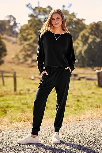 PRETTYGARDEN Women's 2023 Fall Fashion Outfits 2 Piece Sweatsuit Solid Color Long Sleeve Pullover Long Pants (Black,X-Large)