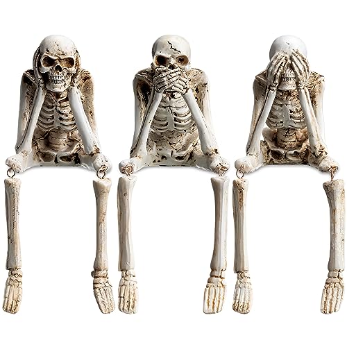 Thyle Set of 3 Halloween Statues See Speak Hear No Evil Skeleton Figurines Realistic Skull Decorations for Home Haunted House Halloween Party Decor Favors Shelf Accessories