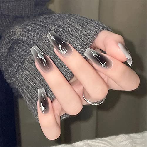 24Pieces Press on Nails Medium Length Coffin Fake Nails Grey Black False Nails with Moon Stars Design Stick on Nails Full Cover French Glossy Glue on Nails