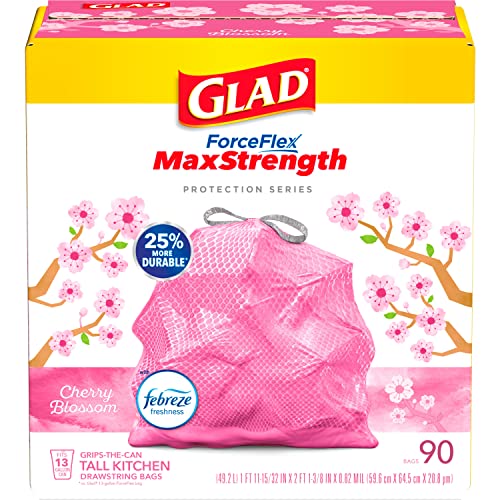 Glad ForceFlex MaxStrength Tall Kitchen Drawstring Trash Bags, 13 Gallon, Cherry Blossom with Febreze Freshness, 90 Count