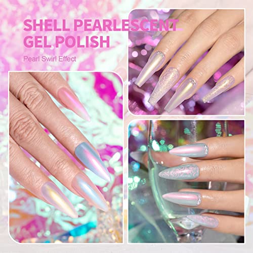 RARJSM Pearl Gel Nail Polish Glitter Pearlescent Shell Gel Polish Pink Beige Pearl Blue Green Purple Shimmer Mermaid Swirl Thread Effect Nail Gel Soak Off LED UV Curing Requires DIY Manicure Use