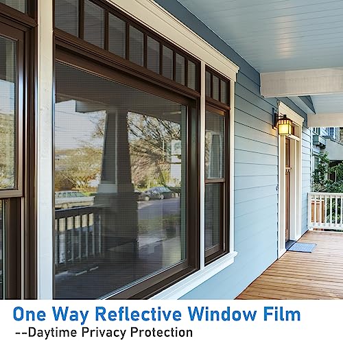 One Way Window Privacy Film See Out Not in Heat Blocker Window Tinting Film for Home Reflective Sun Blocking Window Tint Non-Adhesive Static Cling Glass Door Window Covering (17.5 x 78.7 Inch)