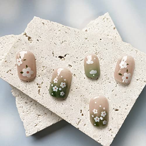 Green Press on Nails Short Square Fake Nails Small Flower False Nails with Designs Cute Cloud Floral Acrylic Nails Full Cover Glossy Stick on Nails Spring Summer Glue on Nails for Women Girls Manicure