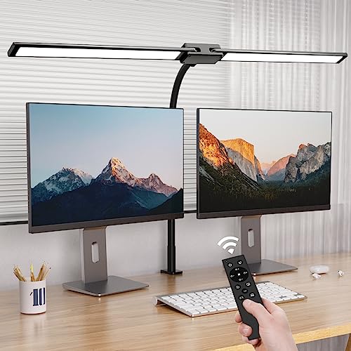 LASTAR LED Desk Lamp with Remote Control ＆ 32.5" Wide Double Head, Architect Desk Lamp for Home Office with Clamp, Timer, 24W Ultra Bright Gooseneck Desk lamp for Computer Reading, Black