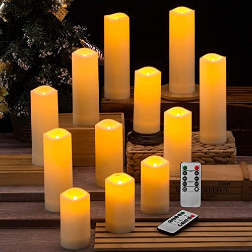 Aamdkcyu Flameless Candles with Remote & 2/4/6/8H Timers, Outdoor Indoor Waterproof Remote Candles Battery Operated, Electric Led Candles 12pcs for Home/Wedding Decor (D 2.2'' x H 4'' 5'' 6'' 7'')