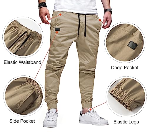 JMIERR Men's Casual Joggers Pants - Cotton Drawstring Chino Cargo Hiking Outdoor Twill Track Sweatpants with Pockets, Relaxed Fit, US 34(M), Khaki.