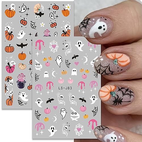 Halloween Nail Art Stickers Decals 3D Self Adhesive Nail Stickers Pumpkin Ghost Bat Spider Web Nail Design Stickers for Women Girls DIY Nail Art Decoration Halloween Party Nail Supplies