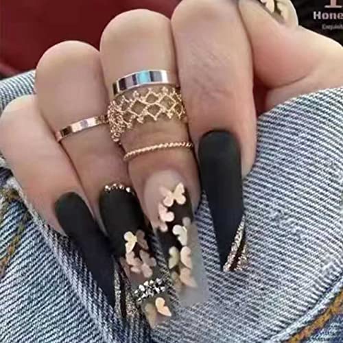 DANMANR Luxury Press on Nails Extra Long Fake Nails Black Ballerina Coffin Butterfly False Nails for Women and Girls24PCS