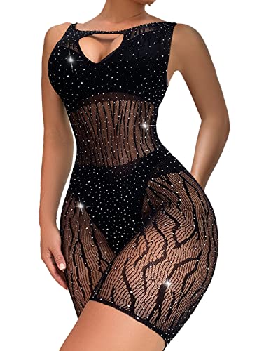 Ella Lust Women Sexy Sparkly Rhinestone Bodysuit - Rave Outfits Exotic Dancewear Mesh Fishnet Romper Cut Out Bodycon Jumpsuit(Black,O,1053a)