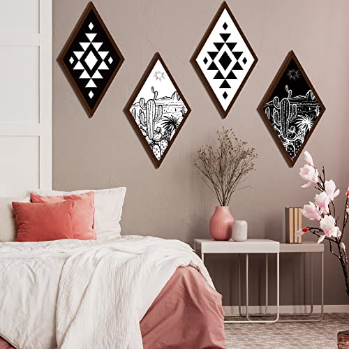 4 Pieces Aztec Wall Decor Farmhouse Home Wall Decor 11.8 x 6.7 inches Western Boho Wall Art Wooden Aztec Diamond Sign Cactus Wood Geometric Diamond Frame Wall Hanging for Bedroom Living Room (Cactus)