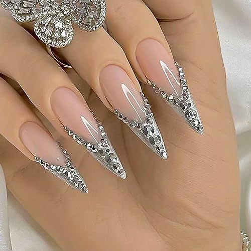 24pcs Fake Nails Glossy Pure Color Nude Rhinestones Glitter Luxury Long Stiletto Almond Press on Nail False Tips Artificial Finger Manicure for Women and Girls Acrylic False Nails Full Cover Nails