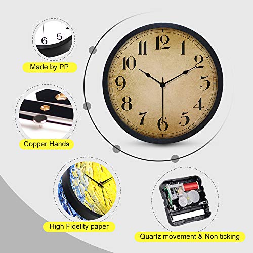 Gkwet Black Retro Wall Clock, Silent Non Ticking 10 Inch Quality Quartz Decorative Wall Clock, Round Easy to Read Home, Office, School Clock