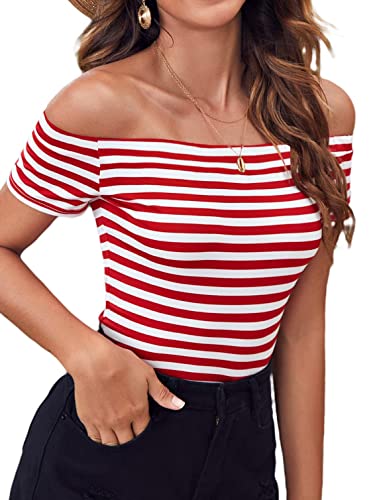 Women's Short Sleeve Vogue Fitted Off Shoulder Modal Blouse Top T-Shirt (Medium, Red Stripe)