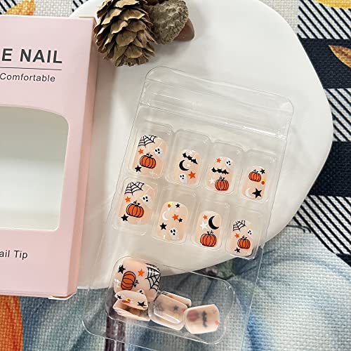 Halloween Fake Nails Short Square Cute Ghost Press on Nails Full Cover Stick on Nails with Pumpkin Moon Star Design False Nails Fall Thanksgiving Glossy Artificial Nails Acrylic Nails for Women Girls