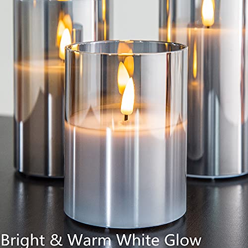 Eywamage Grey Glass Flameless Candles with Remote Battery Operated Flickering LED Pillar Candles Real Wax Wick Φ 3" H 4" 5" 6"