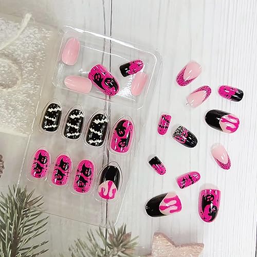 Halloween Press on Nails Medium Pink Halloween Fake Nails Full Cover Ghost Bat Blood Spider Web Halloween Glue on Nails Halloween Medium Almond Nails for Women Halloween Nail Decorations, 24Pcs