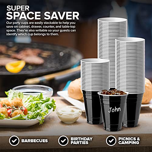 Stock Your Home Black Plastic Cups Disposable, 16oz (100 Count) Heavy-Duty, Large Party Cup Pack Bulk Pack for Drinking Punch, Soda, Wine, Beer, 4th of July, Halloween