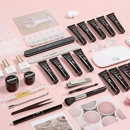 GAOY Poly Extension Nail Gel Kit with UV Light, 14 Pcs Natural Pink Nude Poly Nail Gel Starter Kit with Slip Solution and Tools for Nail Art DIY