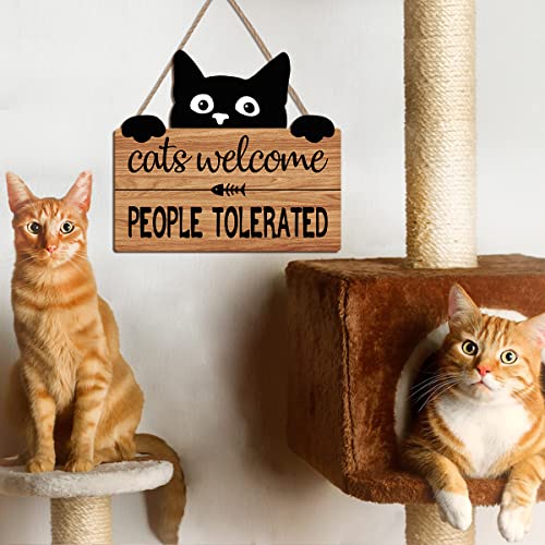 LHIUEM Funny Cat Welcome Sign, Cats Welcome People Tolerated Kitty Kitten Footprint Wooden Plaque,10X11 inches Black Cat Wall Decor, Funny Wooden Sign for Pet Shop Home,Cat Lover Gifts