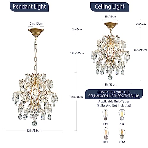 Bestier Gold Modern Pendant Chandelier Crystal Raindrop Lighting Ceiling Light Fixture Lamp for Dining Room Bathroom Bedroom Livingroom entryway 1 E26 Bulbs Required D13 in x H16 in