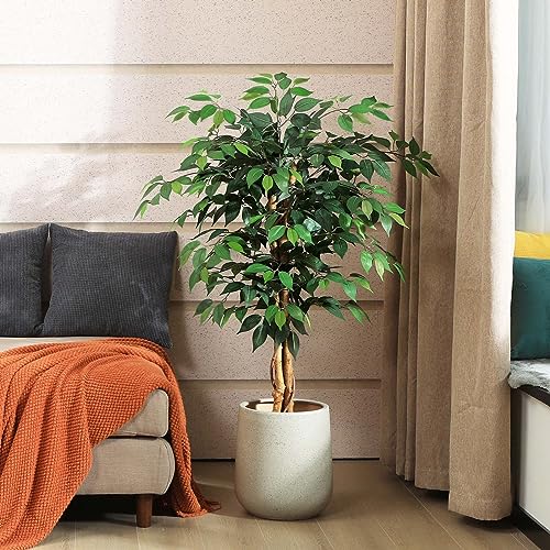 SOGUYI 4ft Artificial Ficus Tree with Natural Wood Trunk, Silk Fake Ficus Tree in Plastic Nursery Pot, Faux Plant for Office Home, Indoor Outdoor Decor, 1 Pack