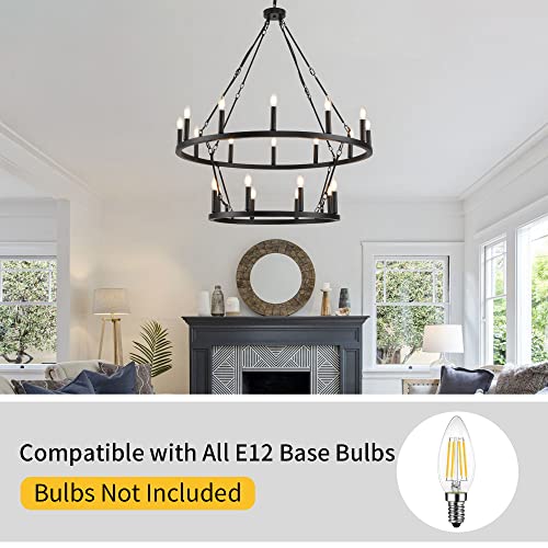 Upfelw Farmhouse Wagon Wheel Chandelier Lighting 20-Light, Black Large Industrial Round Indoor Candle Pendant Light Fixture 2 Tier D39.4'', E12 Bulbs Not Included