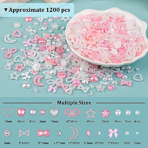 1200Pcs 3D Multi Shapes Nail Charms and Flatback Pearls, White&Pink Mix styles Heart Star Bow Sunflower Embellishments for Nail Art, Craft and Decoration with Glue Gel, Tweezer and Pickup Pencil