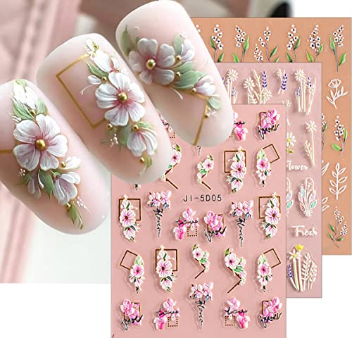 3D Embossed Flower Leaves Nail Art Stickers Decals 4 Sheets 5D Self-Adhesive Pegatinas Uñas Summer Nail Supplies Nail Art Design Decoration Accessories