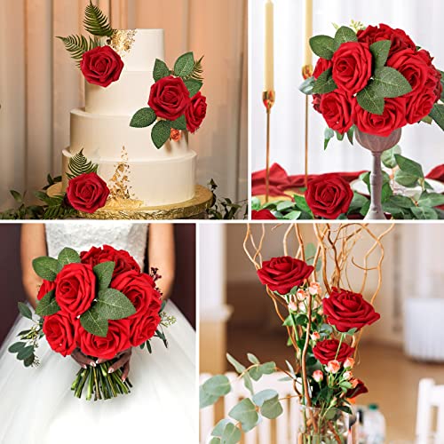 AmyHomie Artificial Flowers Red Rose 100pcs Real Looking Fake Roses w/Stem for DIY Wedding Bouquets Centerpieces Arrangements Party Baby Shower Home Decorations