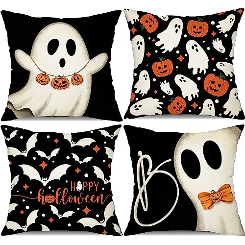 DFXSZ Halloween Pillow Covers 18x18 inch Set of 4 Halloween Decorations Ghost Pumpkins Bats Decor Holiday Pillow Case Farmhouse Decor for Home Sofa B107