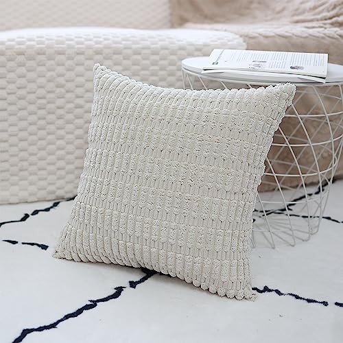 Henzxi Pack of 2 Corduroy Decorative Throw Pillow Covers 18x18 Inch Soft Striped Square Boho Pillow Covers Modern Farmhouse Home Decor for Sofa Living Room Couch Bed Cream White